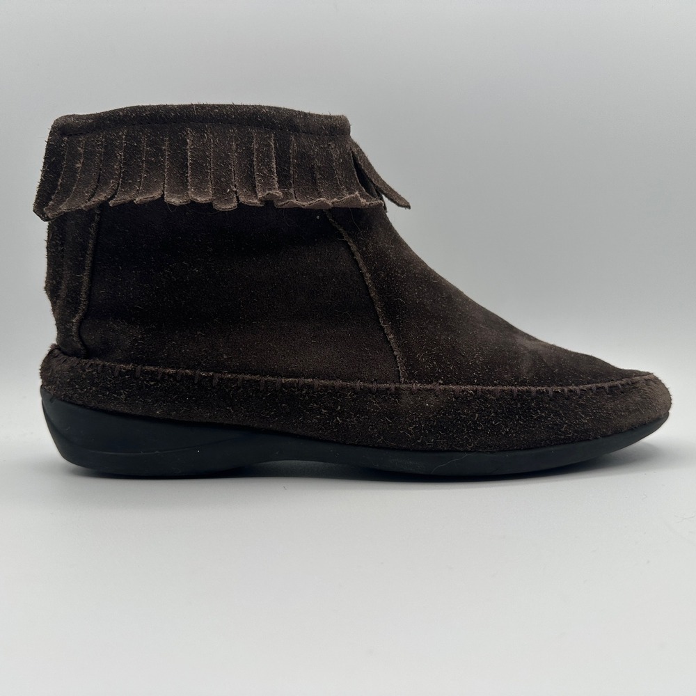 Comfortease Women's Brown Suede Moccasin Fringe Ankle Boots Zip Closure Size 7M‎